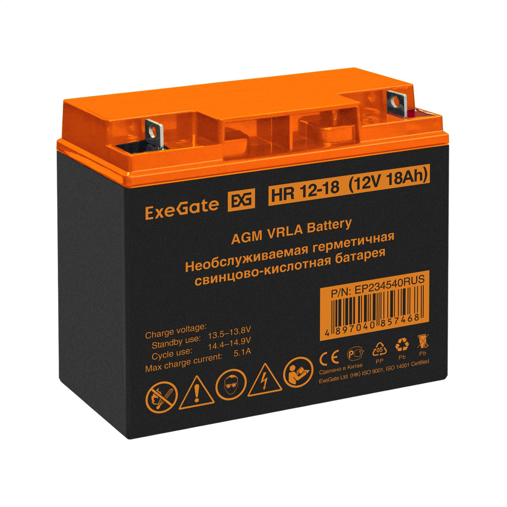 Аккумуляторная батарея ExeGate HR 12-18 (12V 18Ah, клеммы F3 (под болт М5 с гайкой)) Аккумуляторная батарея ExeGate HR 12-18 (12V 18Ah, клеммы F3 (под болт М5 с гайкой))