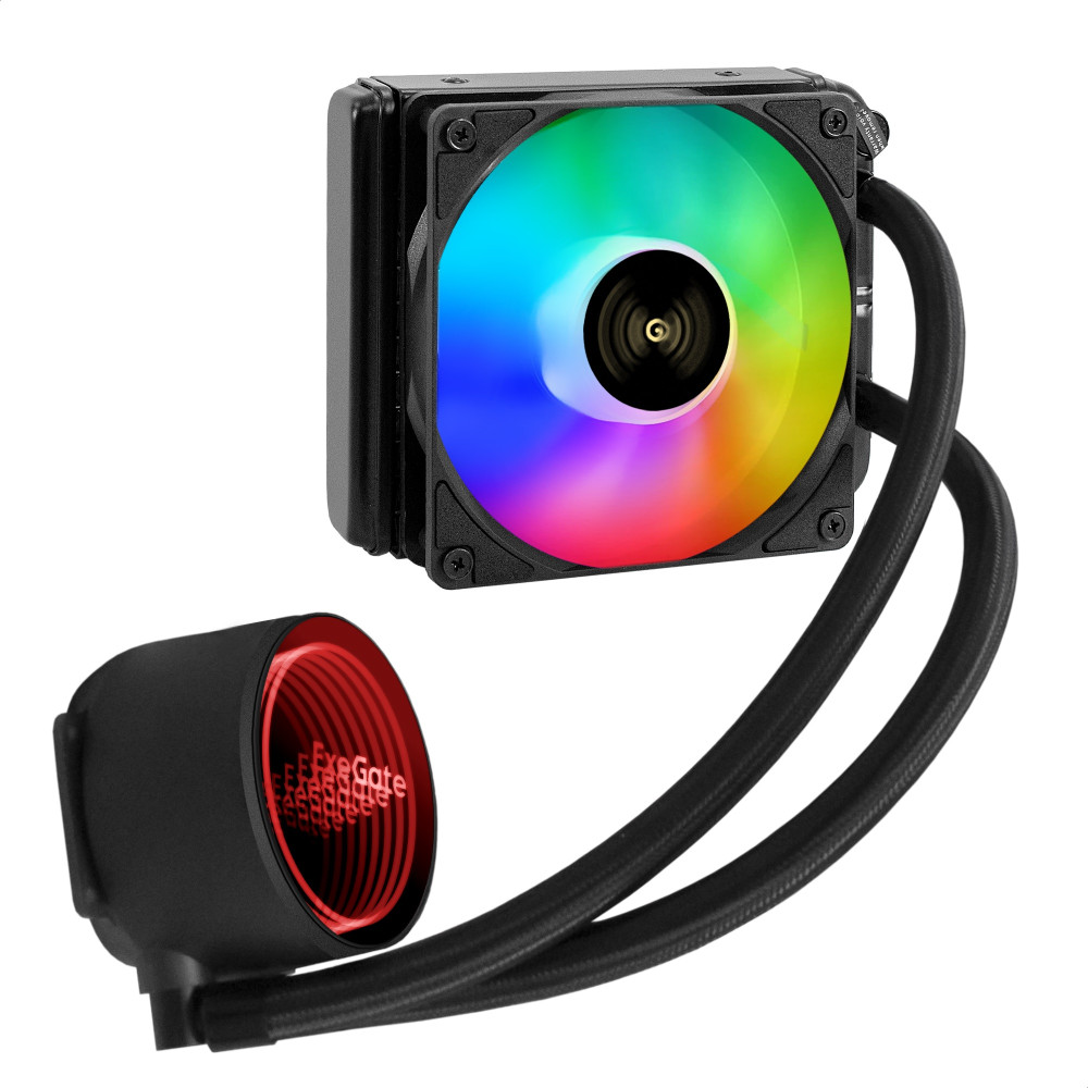 Комплект водяного охлаждения ExeGate BlackWater-120V3.PWM.RGB (RGB подсветка, LGA2066/2011/1366/1150/1151/1155/1156/1200/1700/1851/AM4/AM5/FM1/FM2/FM2+/AM2/AM2+/AM3/AM3+, TDP 150W, Fan 120mm 4pin PWM 600-1800RPM Hydro bearing, помпа 3pin 2700RPM, макс. шу