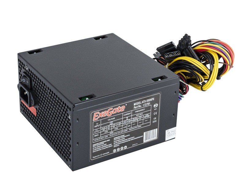 Блок питания 500W ExeGate 500NPX (ATX, PC, 12cm fan, 24pin, 4pin, PCIe, 3xSATA, 2xIDE, FDD, black, кабель 220V в комплекте)