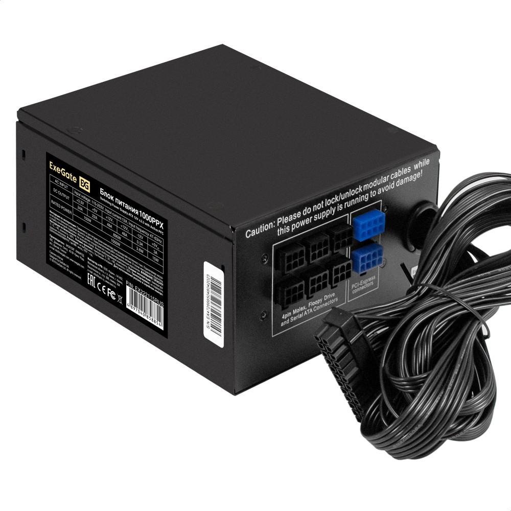 Блок питания 1000W ExeGate 1000PPX (ATX, APFC+Dual Forward, SC, КПД 80% (80 PLUS), 14cm silent fan, flat cables 24pin, 2x(4+4)pin, 6xPCI-E, 8xSATA, 4xIDE, Cable Management, кабель 220V 1,8м с защитой от выдергивания, black, RTL)