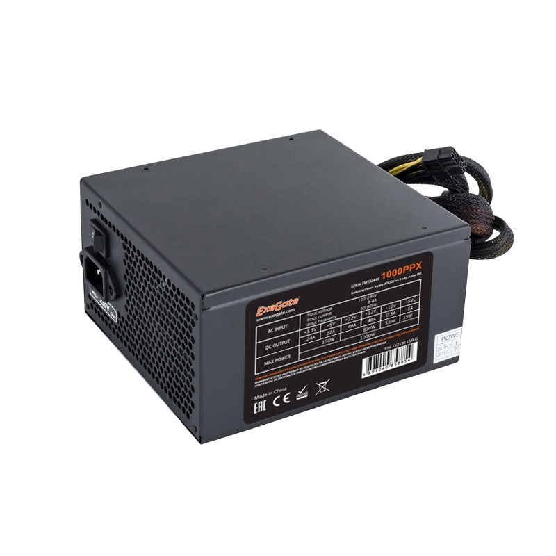 Блок питания 1000W ExeGate 1000PPX (ATX, APFC, SC, КПД 80% (80 PLUS), 14cm fan, 24pin, 2x(4+4)pin, PCIe, 5xSATA, 4xIDE, Cable Management, кабель 220V с защитой от выдергивания, black, RTL)