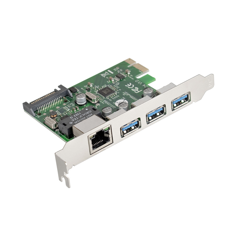 Контроллер сетевой ExeGate EXE-361 (PCI-E x1 v2.0, LAN UTP 1000Mbps + 3*USB3.0 ext., разъем доп.питания, Chipset VL805 + RTL8153B)