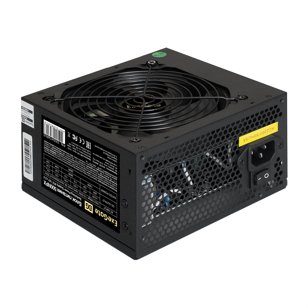 Блок питания 500W ExeGate 500NPX (ATX, SC, 12cm silent fan, 24pin, 2x(4+4)pin, 2xPCI-E, 5xSATA, 3xIDE, black, кабель 220V 1,8м с защитой от выдергивания)