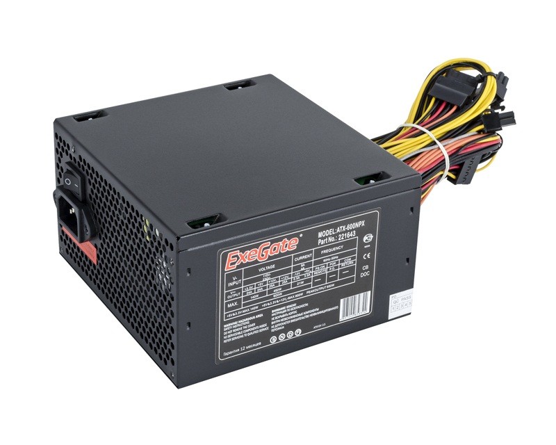Блок питания 600W ExeGate 600NPX (ATX, SC, 12cm fan, 24pin, 2x(4+4)pin, 2xPCI-E, 5xSATA, 3xIDE, black, кабель 220V с защитой от выдергивания)