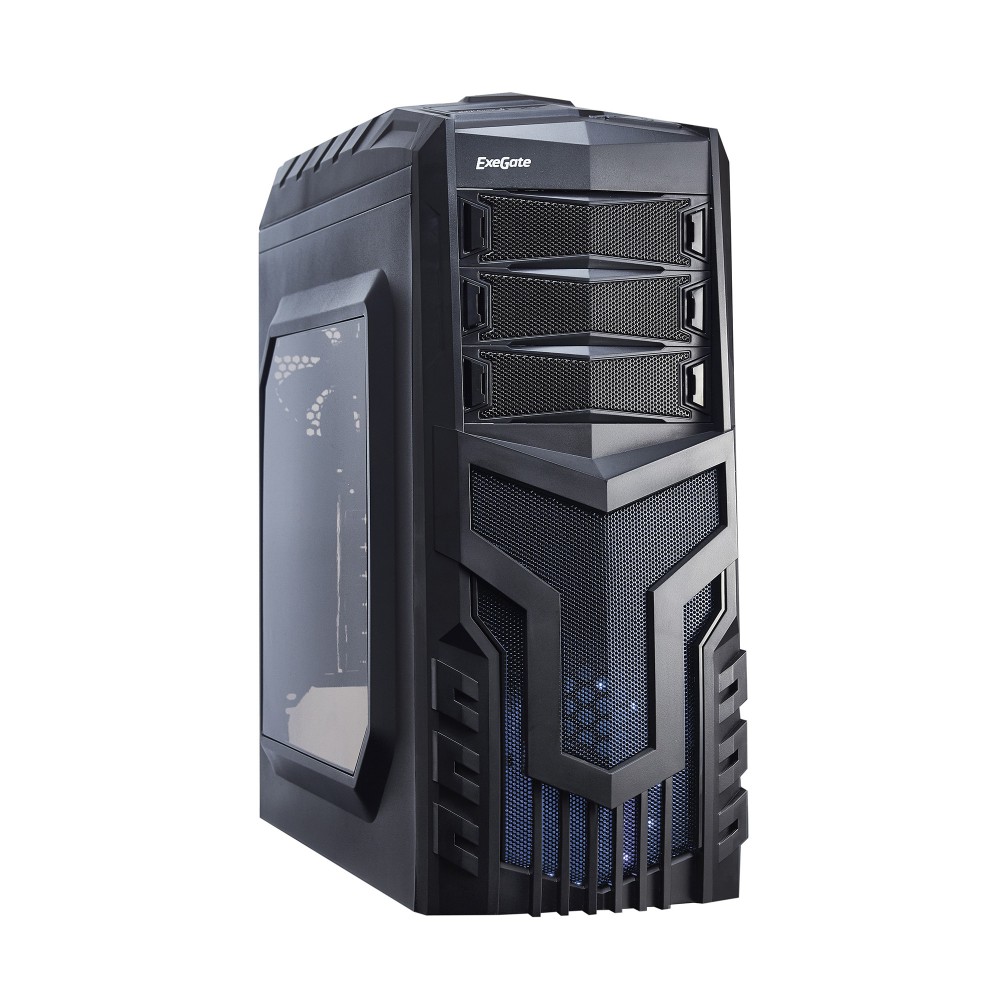 Корпус Miditower ExeGate EVO-8203N (ATX, без БП, с окном, 2*USB+1*USB3.0, аудио, черный с голубой подсветкой)