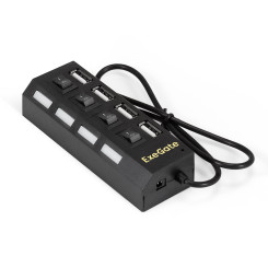USB-Хаб (концентратор) 4-в-1 ExeGate DUB-42SW (кабель-адаптер USB2.0 --> 4xUSB2.0, кнопки включения/отключения для каждого порта, Plug&Play, черный)