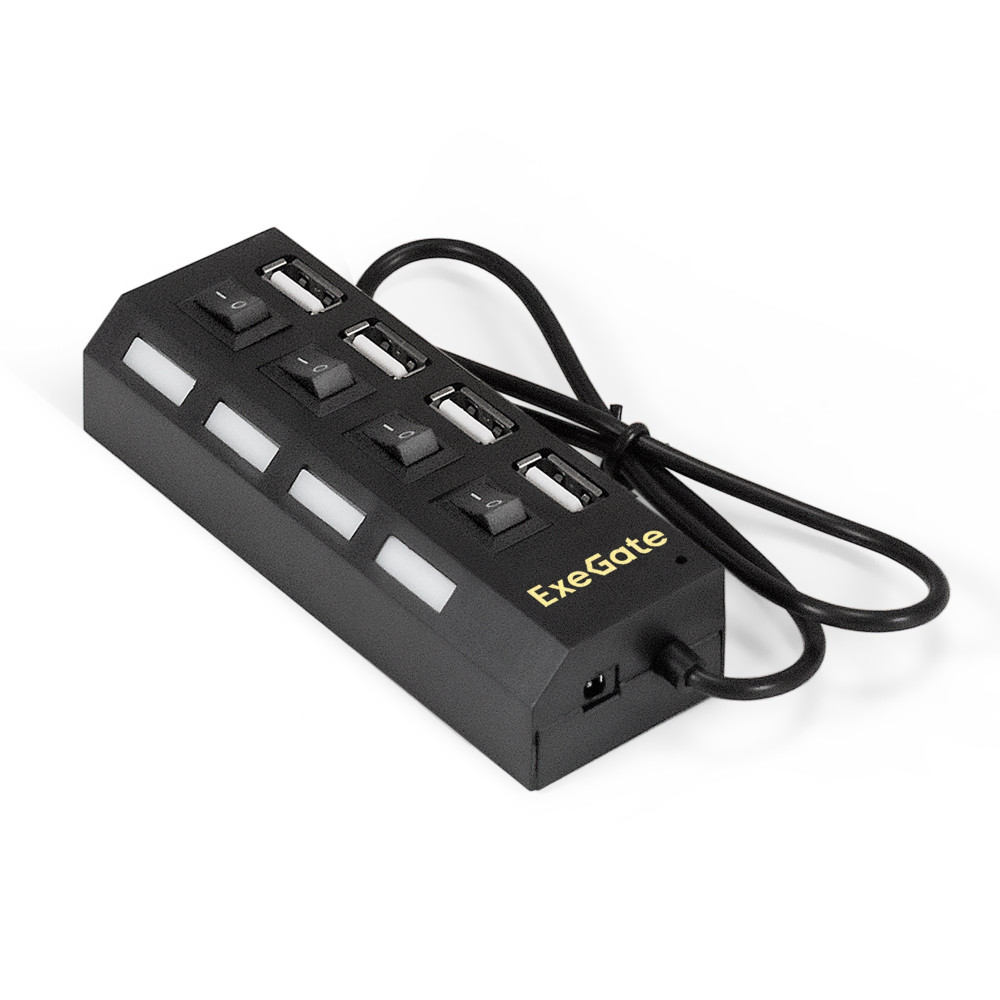 USB-Хаб (концентратор) 4-в-1 ExeGate DUB-42SW (кабель-адаптер USB2.0 --> 4xUSB2.0, кнопки включения/отключения для каждого порта, Plug&Play, черный)