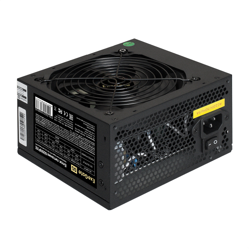 Блок питания 600W ExeGate 600NPXE (ATX, PPFC, SC, 12cm silent fan, 24pin, 2x(4+4)pin, 2xPCI-E, 5xSATA, 3xIDE, black, кабель 220V 1,8м с защитой от выдергивания)