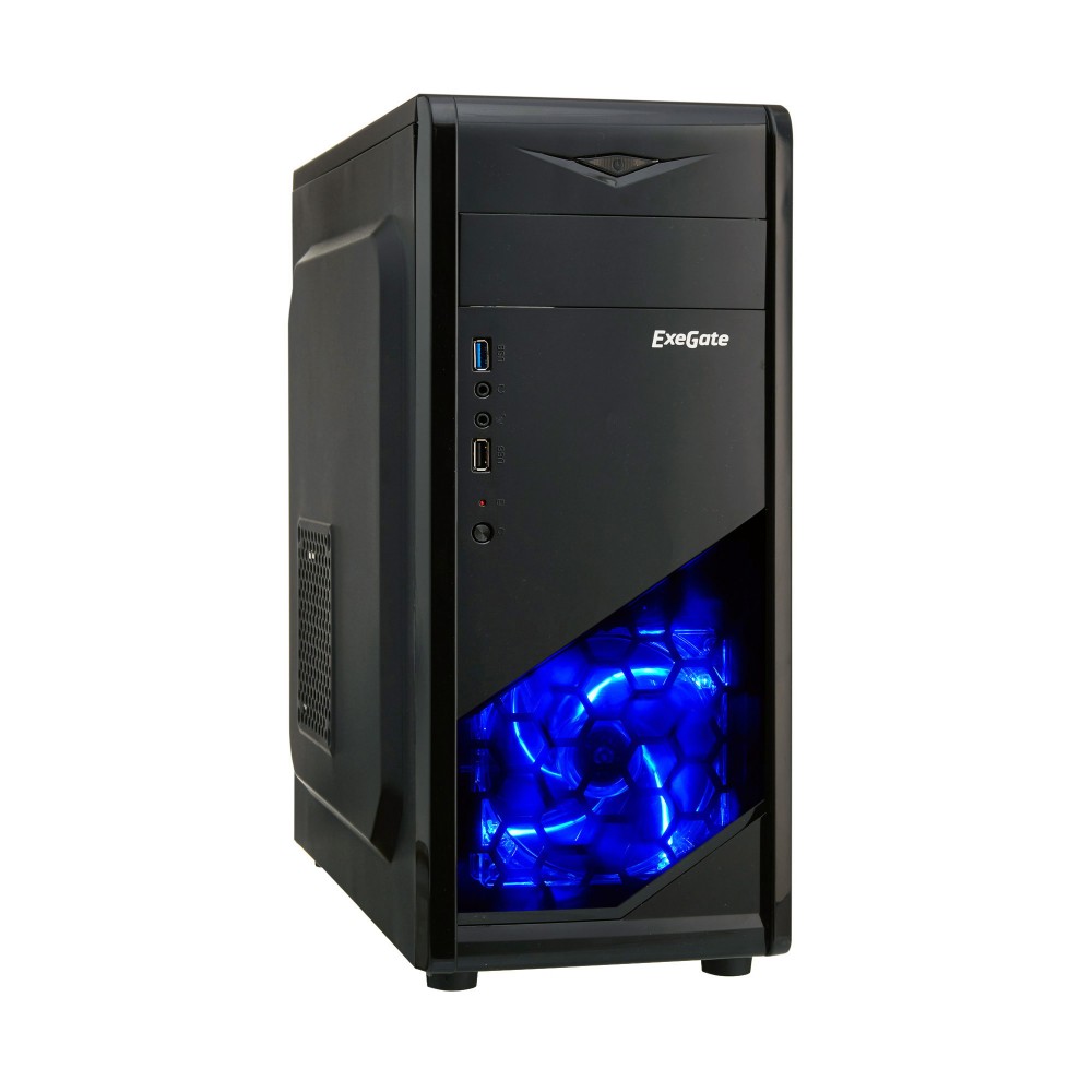 Корпус Miditower ExeGate EVO-8205 (ATX, без БП, 1*USB+1*USB3.0, HD аудио, черный с голубой подсветкой)