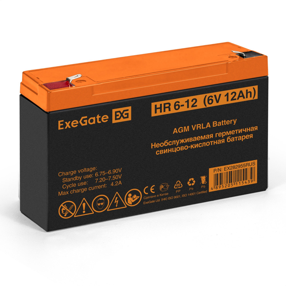 Аккумуляторная батарея ExeGate HR 6-12 (6V 12Ah, клеммы F1) Аккумуляторная батарея ExeGate HR 6-12 (6V 12Ah, клеммы F1)