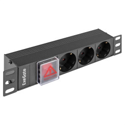 Блок розеток 10" с выключателем с подсветкой ExeGate ServerPro PDU-10H305 Al-3S-C14-SW (10", 1U, Алюминий, 3 Schuko, C14, выкл. с подсветкой, (ШхВхГ): 254х45х45 мм, черный, RTL)