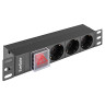 Блок розеток 10" с выключателем с подсветкой ExeGate ServerPro PDU-10H305 Al-3S-C14-SW (10", 1U, Алюминий, 3 Schuko, C14, выкл. с подсветкой, (ШхВхГ): 254х45х45 мм, черный, RTL)