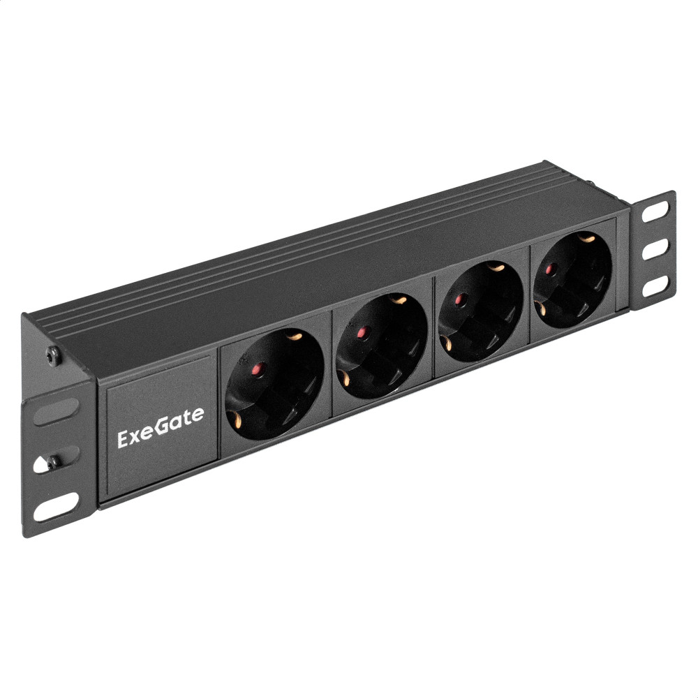 Блок розеток 10" с разъемом C14 ExeGate ServerPro PDU-10H401 Al-4S-C14 (10", 1U, Алюминий, 4 Schuko, C14, (ШхВхГ): 274х45х45 мм, черный, RTL)