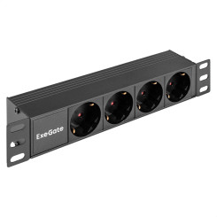 Блок розеток 10" с разъемом C14 ExeGate ServerPro PDU-10H401 Al-4S-C14 (10", 1U, Алюминий, 4 Schuko, C14, (ШхВхГ): 274х45х45 мм, черный, RTL)