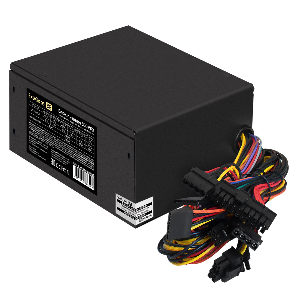 Блок питания 500W ExeGate 500PPX (ATX, APFC+Dual Forward, SC, КПД 80% (80 PLUS), 14cm silent fan, flat cables 24pin, (4+4)pin, 2xPCI-E, 4xSATA, 3xIDE, кабель 220V 1,8м с защитой от выдергивания, black, RTL)