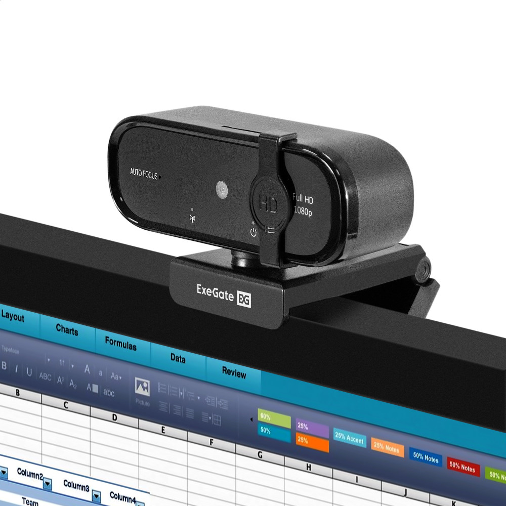 Веб-камера ExeGate BlackView C720 Full HD AF (2Мп, 1920х1080, 1080P, 30fps, автоматический фокус, защитная шторка, 4-линзовый объектив, микрофон с шумоподавлением, универсальное крепление, отверстие под штатив, USB, кабель 1,5 м, Windows® 7/8/10/11, Mac O
