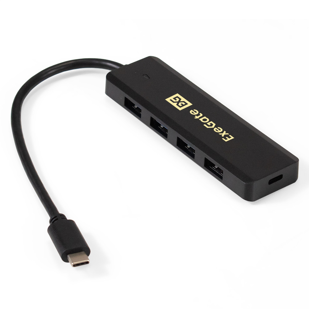 USB-Хаб (концентратор) 4-в-1 ExeGate DUB-4CP/1 (кабель-адаптер USB Type C --> 4xUSB3.0, доп. разъем USB Type-C для подключения источника питания, Plug&Play, черный)