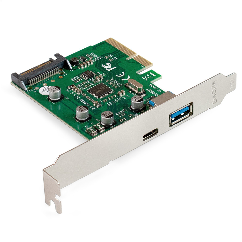 Контроллер ExeGate EXE-320-1A1C 10Gbps (PCI-E x4 v3.0, USB3.2 Gen2 1xType-A + 1xType-C ext., SuperSpeed+ скорость до 10 Гбит/с, разъем доп.питания, ASMedia Chipset ASM1142)