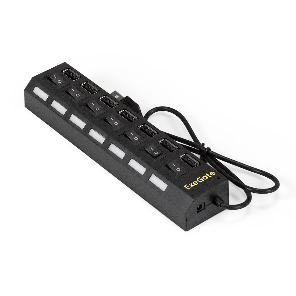 USB-Хаб (концентратор) 7-в-1 ExeGate DUB-72SW (кабель-адаптер USB2.0 --> 7xUSB2.0, кнопки включения/отключения для каждого порта, Plug&Play, черный)
