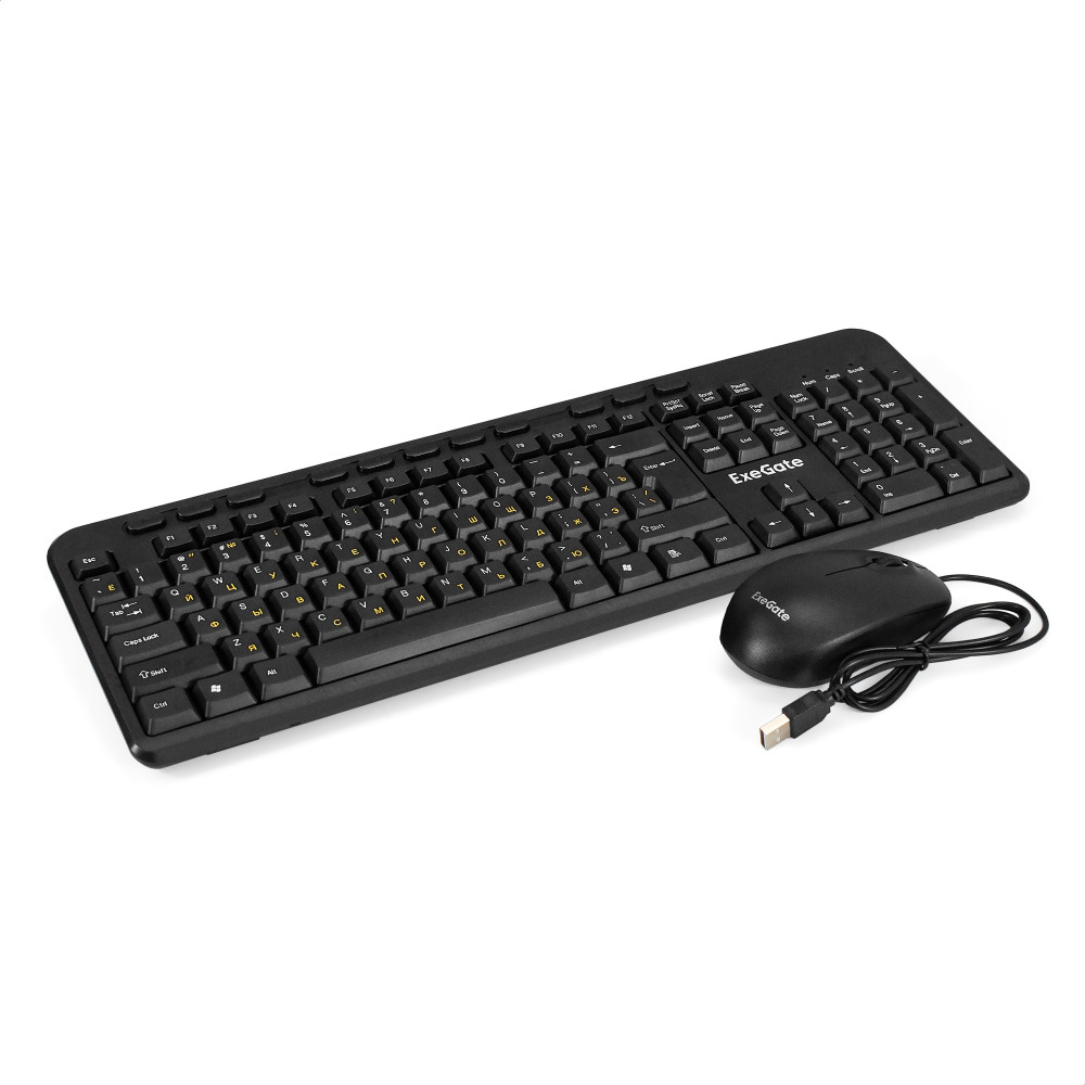 Комплект ExeGate Professional Standard Combo MK150 (клавиатура мультимедийная влагозащищенная 116кл., длина кабеля 1,5м + мышь оптическая 1200dpi, 3 кнопки и колесо прокрутки, длина кабеля 1,2м; USB, черный, RTL)