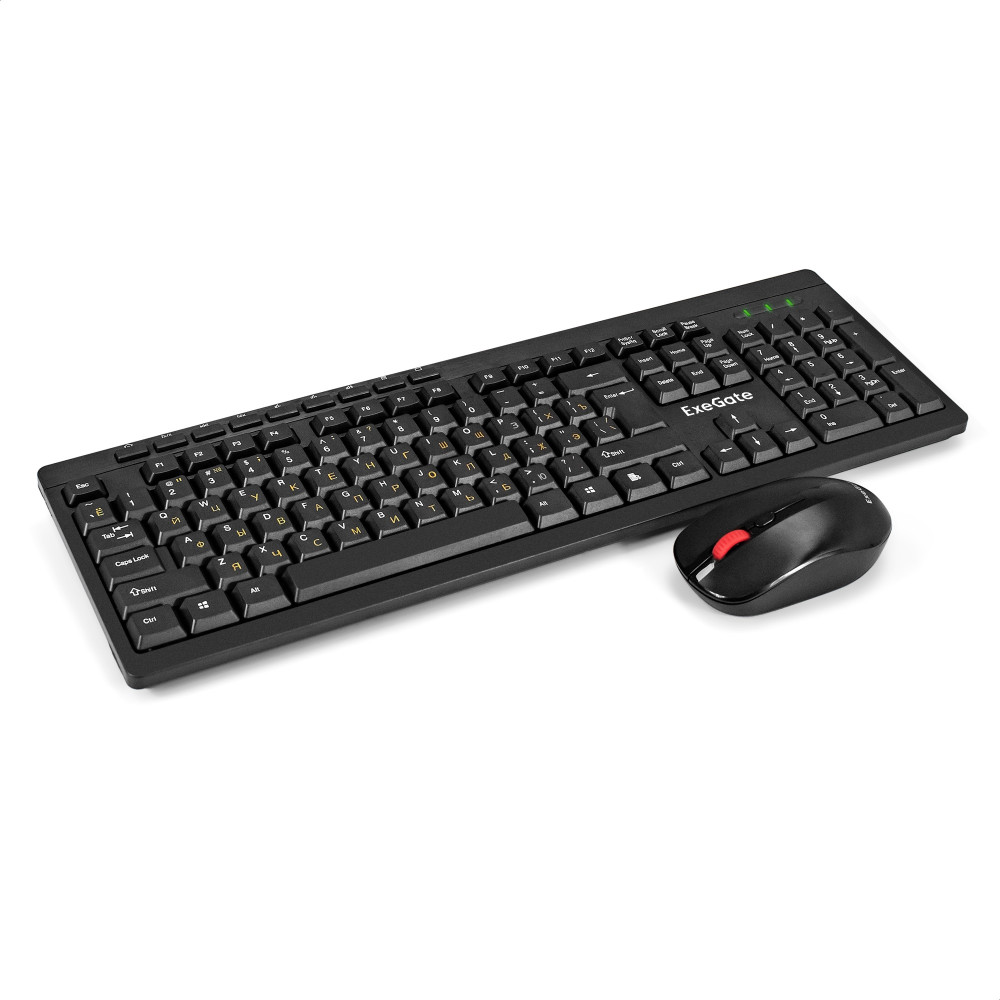 Комплект беспроводной ExeGate Professional Standard Combo MK260 (клавиатура мультимедийная полноразмерная влагозащищенная 113кл. + мышь оптическая 1200dpi, 4 кнопки и колесо прокрутки; USB, радиоканал 2,4 ГГц, радиус действия до 10м, черный, RTL)