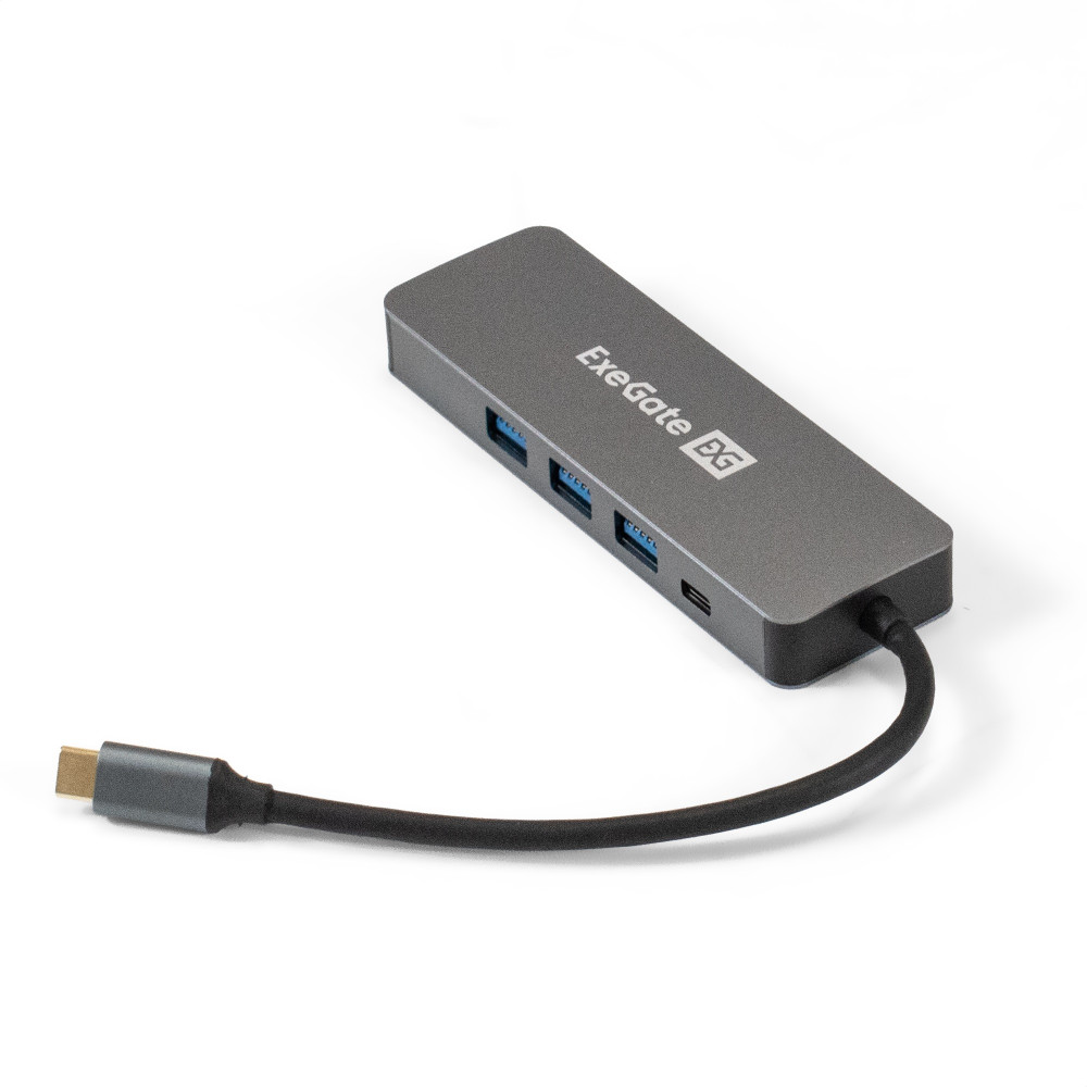 Док-станция 5-в-1 ExeGate DUB-31C/PD/H (кабель-адаптер USB Type-C --> 3xUSB3.0 + PD 100W + HDMI 4K@30Hz, Plug&Play, корпус алюминиевый, цвет серый)