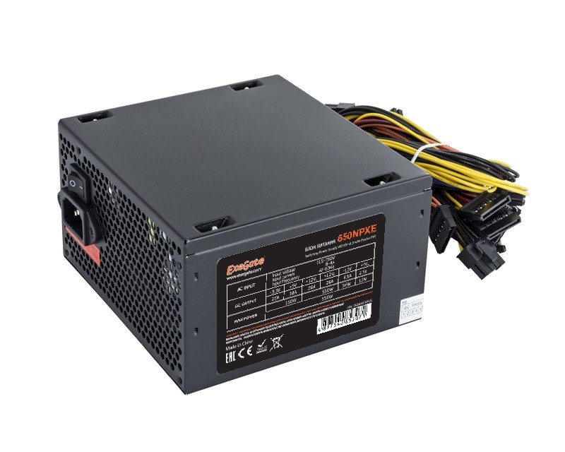 Блок питания 650W ExeGate 650NPXE (ATX, PPFC, SC, 12cm fan, 24pin, (4+4)pin, PCIe, 3xSATA, 2xIDE, FDD, black, кабель 220V с защитой от выдергивания)