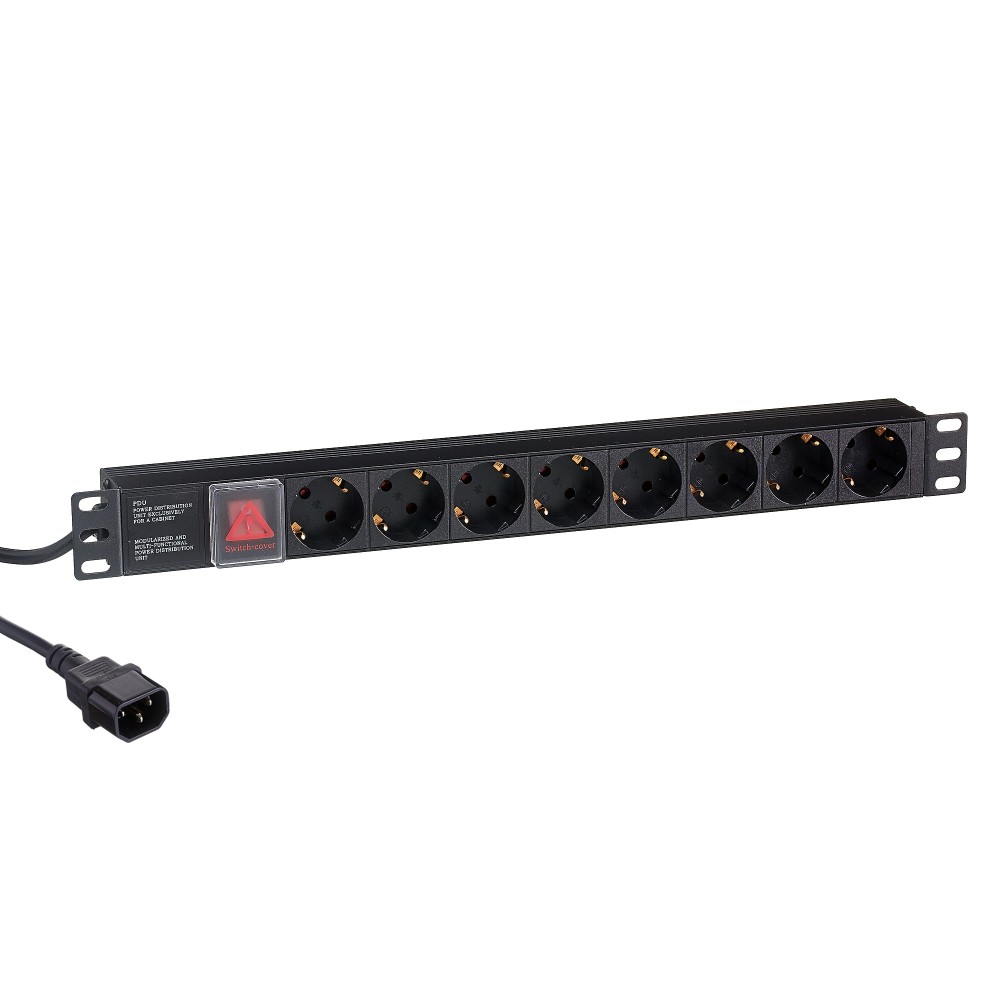 Блок розеток горизонтальный ExeGate ServerPro PDU-19H806 Al-8S-C14-3CU-SW, 19", 1U, Алюминий, 8 Schuko, кабель с вилкой C14 VDE-250V-10A-3*1.0mm2, 3 метра, выкл. с подсветкой, черный