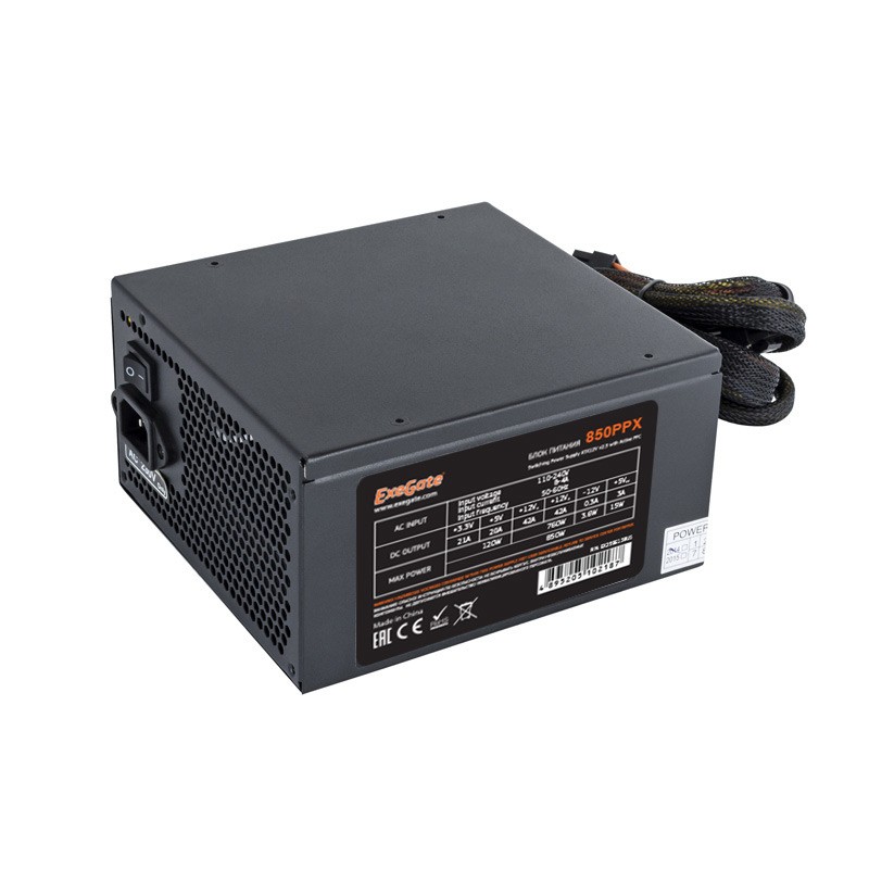 Блок питания 850W ExeGate 850PPX (ATX, APFC, SC, 14cm fan, 24pin, 2x(4+4)pin, PCIe, 5xSATA, 4xIDE, Cable Management, RTL, black, кабель 220V с защитой от выдергивания)