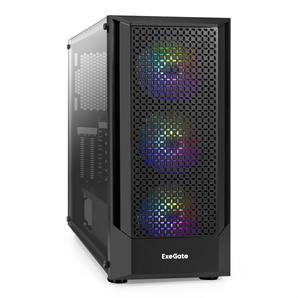 Корпус Miditower ExeGate EVO-8227 (ATX, без БП, 2*USB+1*USB3.0+HD Audio, черный, 3 вент. с RGB подсветкой, боковая панель - закаленное стекло)