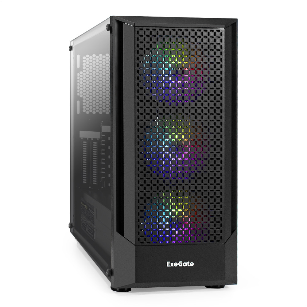 Корпус Miditower ExeGate EVO-8227-NPX600 (ATX, БП 600NPX с вент. 12см, 2*USB+1*USB3.0+HD Audio, черный, 3 вент. с RGB подсветкой, боковая панель - закаленное стекло)