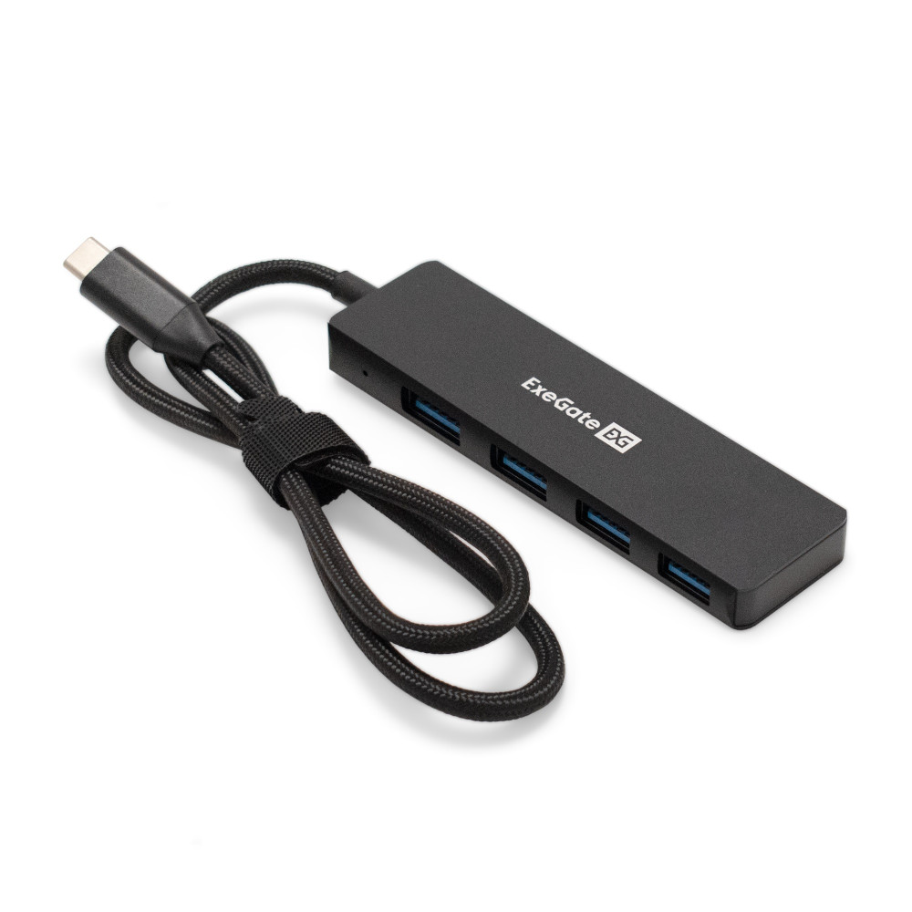USB-Хаб (концентратор) 4-в-1 ExeGate DUB-4C/3 (кабель-адаптер USB Type C --> 4xUSB3.0, Plug&Play, корпус алюминиевый, черный)