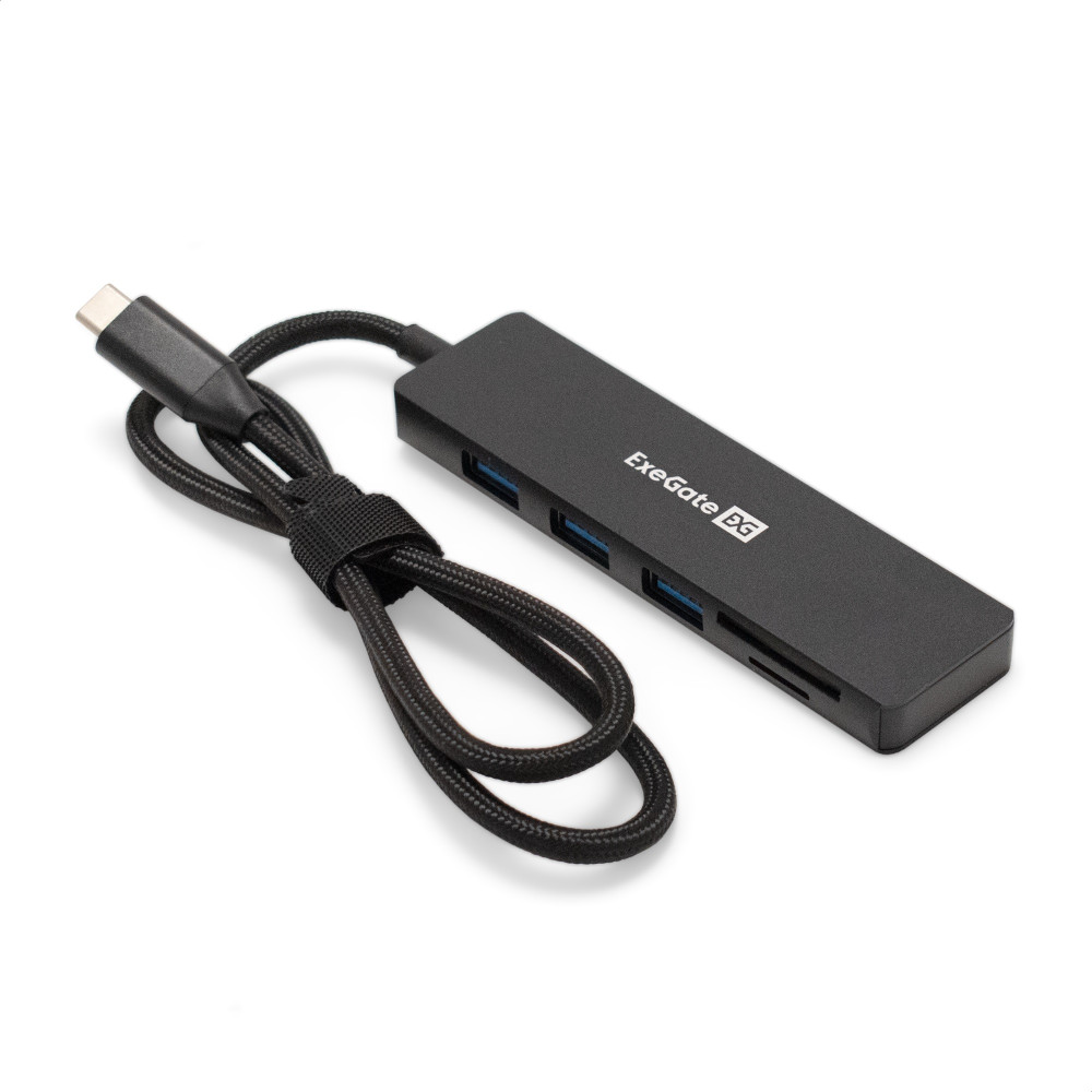Док-станция 4-в-1 ExeGate DUB-2213C/CR (кабель-адаптер USB Type-C --> 2xUSB2.0+ 1xUSB3.0+Card Reader, Plug&Play, корпус алюминиевый, черный)