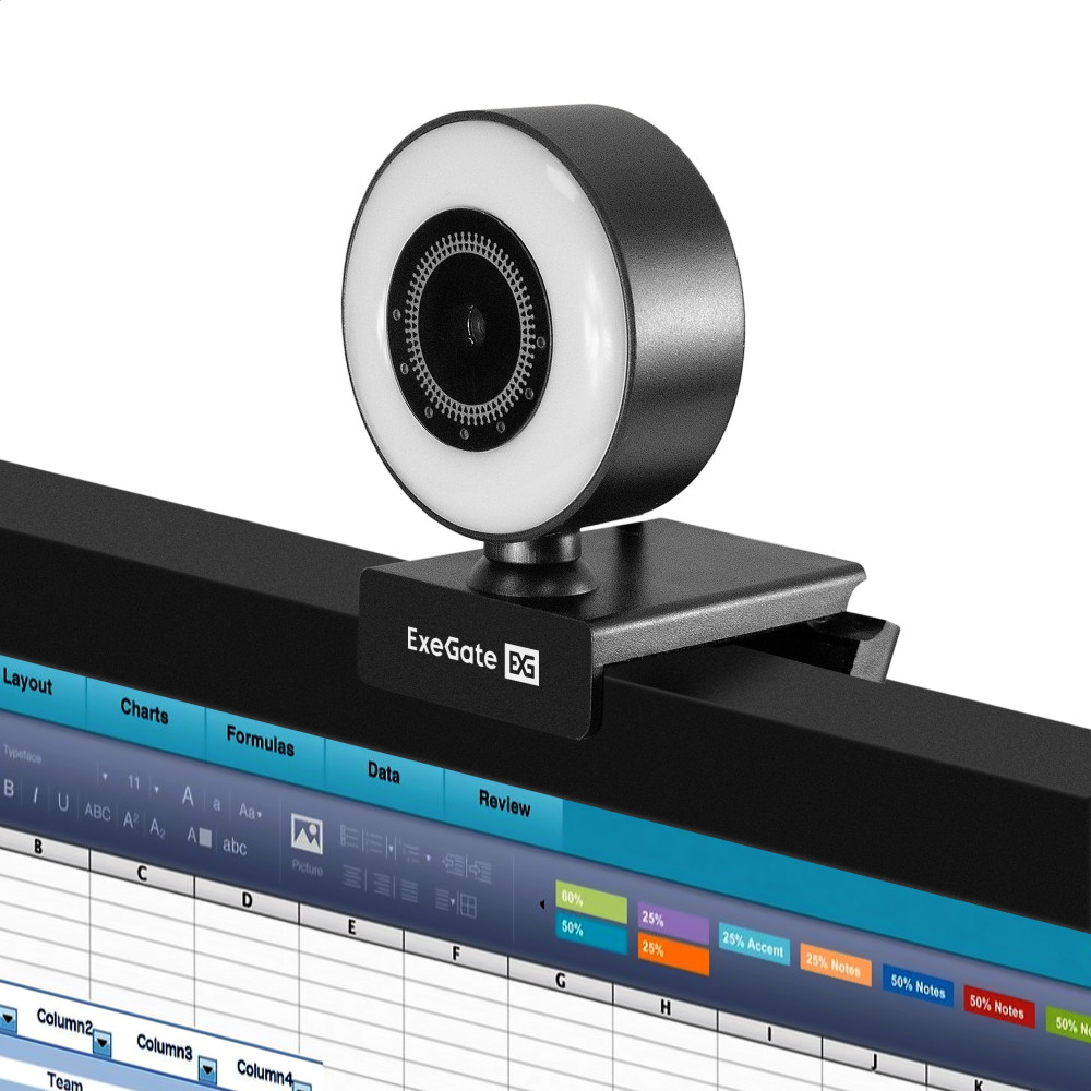 Веб-камера с подсветкой ExeGate eStudio EW-721 2K AF (5Мп, 2560х1440, 1440P, 30fps, автоматический фокус, подсветка, 4-линзовый объектив, стерео микрофон с шумоподавлением, универсальное крепление, отверстие под штатив, USB, кабель 1,5 м, Windows® 7/8/10/