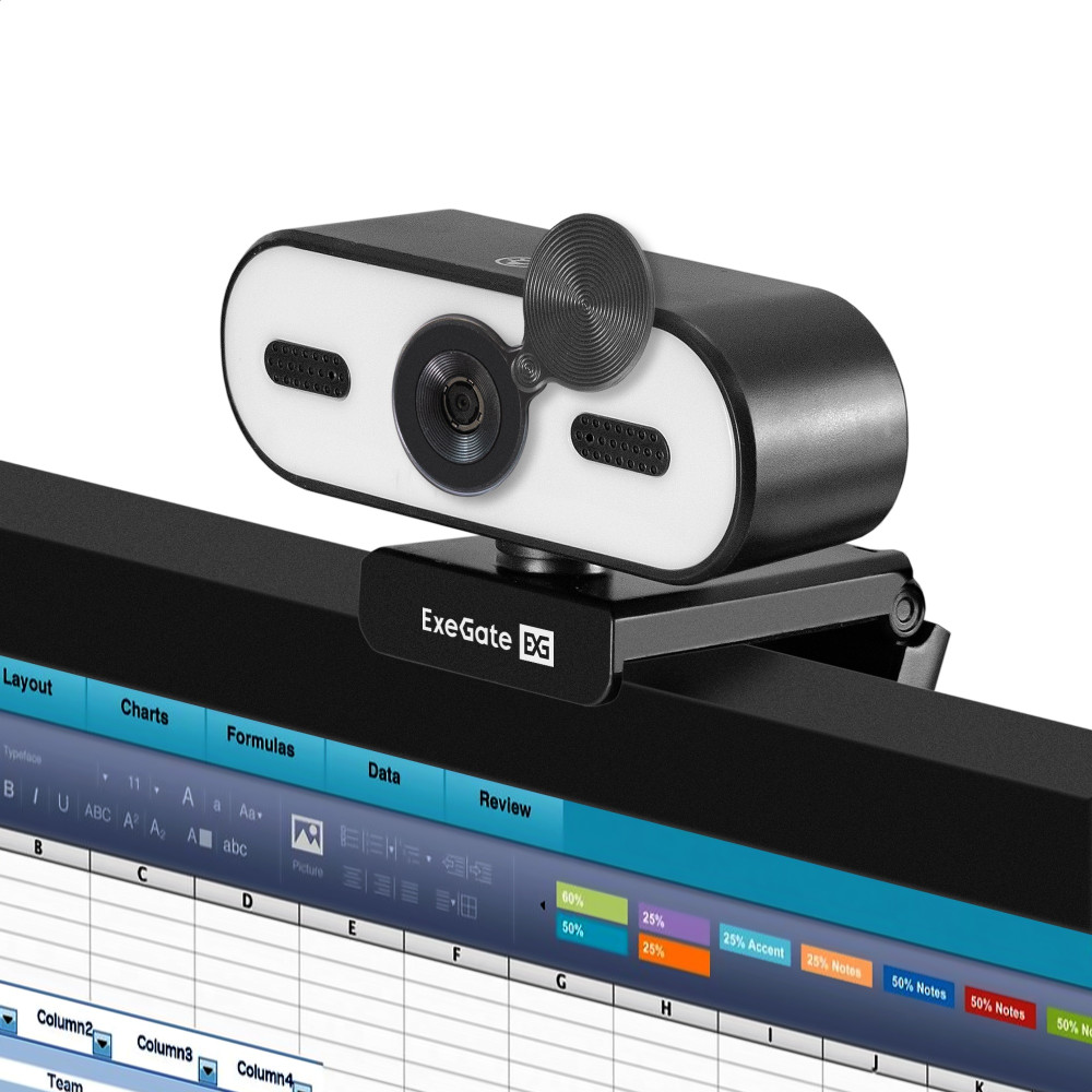 Веб-камера с подсветкой ExeGate eStudio EW-722 2K AF (5Мп, 2560х1440, 1440P, 30fps, автоматический фокус, подсветка, защитная шторка, 4-линзовый объектив, стерео микрофон с шумоподавлением, универсальное крепление, отверстие под штатив, USB, кабель 1,5 м,