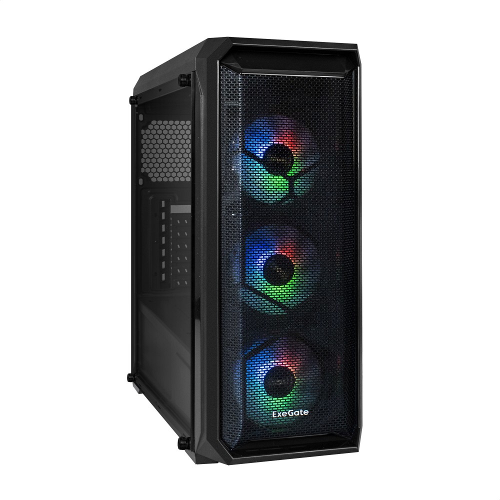 яя Корпус Miditower ExeGate i3 NEO-NPX700 (ATX, NPX700 12см, 2*USB+1*USB3.0, HD аудио, черный, 3 вент. 12см с RGB подсветкой, контроллер + ПДУ, ARGB MB кабель, пылевые фильтры, боковая панель - закаленное стекло)