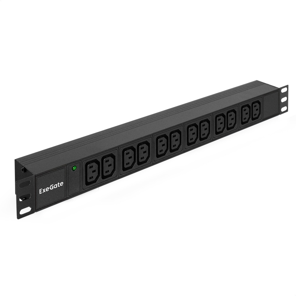 Блок розеток с разъемом подключения C20 ExeGate ServerPro PDU-19H007 Al-12C13-C20 (19", 1U, Алюминий, 12 IEC 320 C13, C20, индикатор питания, черный, RTL)