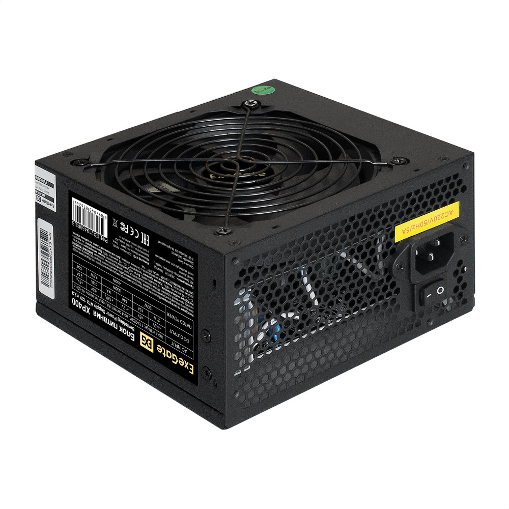 Блок питания 400W ExeGate XP400 (ATX, SC, 12cm silent fan, 24pin, 4pin, 3xSATA, 2xIDE, black, кабель 220V 1,8м с защитой от выдергивания)