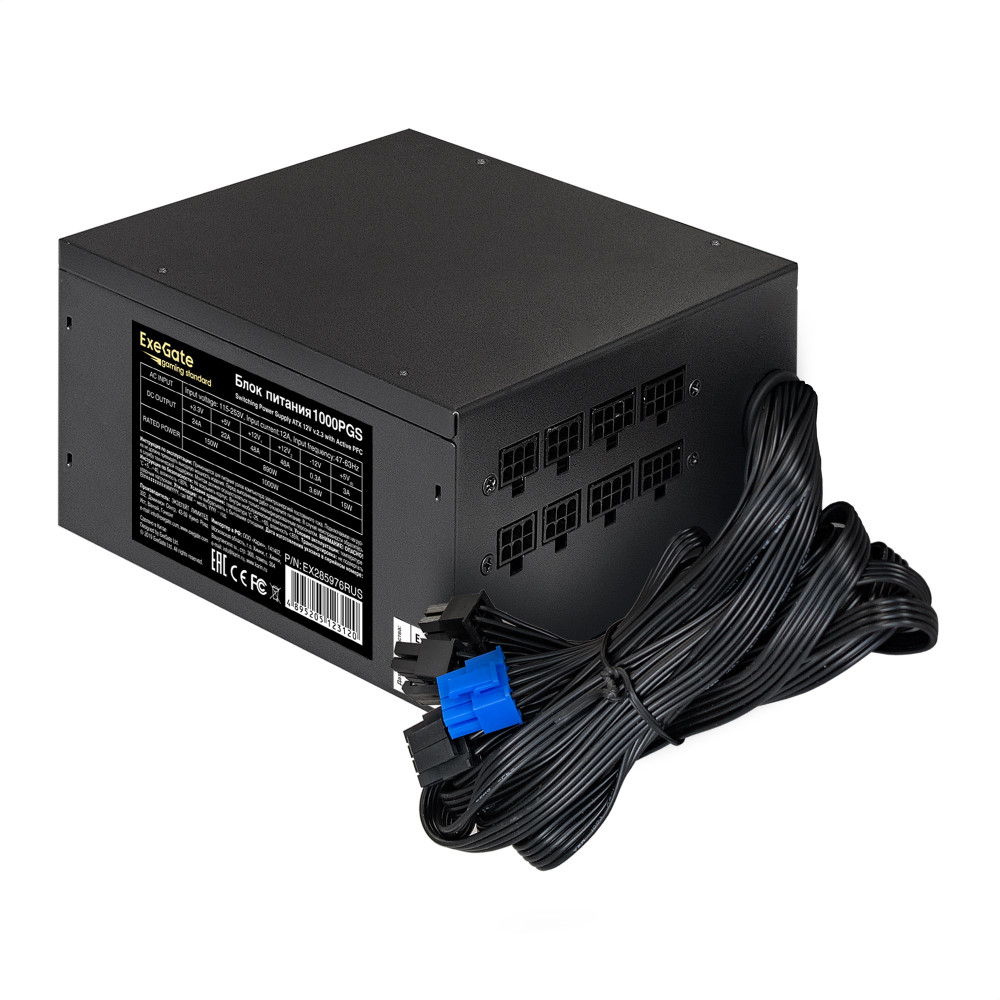 Блок питания 1000W ExeGate Gaming Standard 1000PGS (ATX, APFC, КПД 82% (80 PLUS), 14cm fan, 24pin, 2x(4+4)pin, 6xPCI-E, 8xSATA, 4xIDE, Cable Management, black, RTL)
