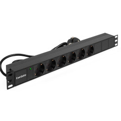 Блок розеток с кабелем с евровилкой ExeGate ServerPro PDU-19H602 Al-6S-EU2CU (19", 1U, Алюминий, 6 Schuko, кабель с евровилкой VDE-250V-16A-3*1.5mm2, медь, 2метра, индикатор питания, черный, RTL)