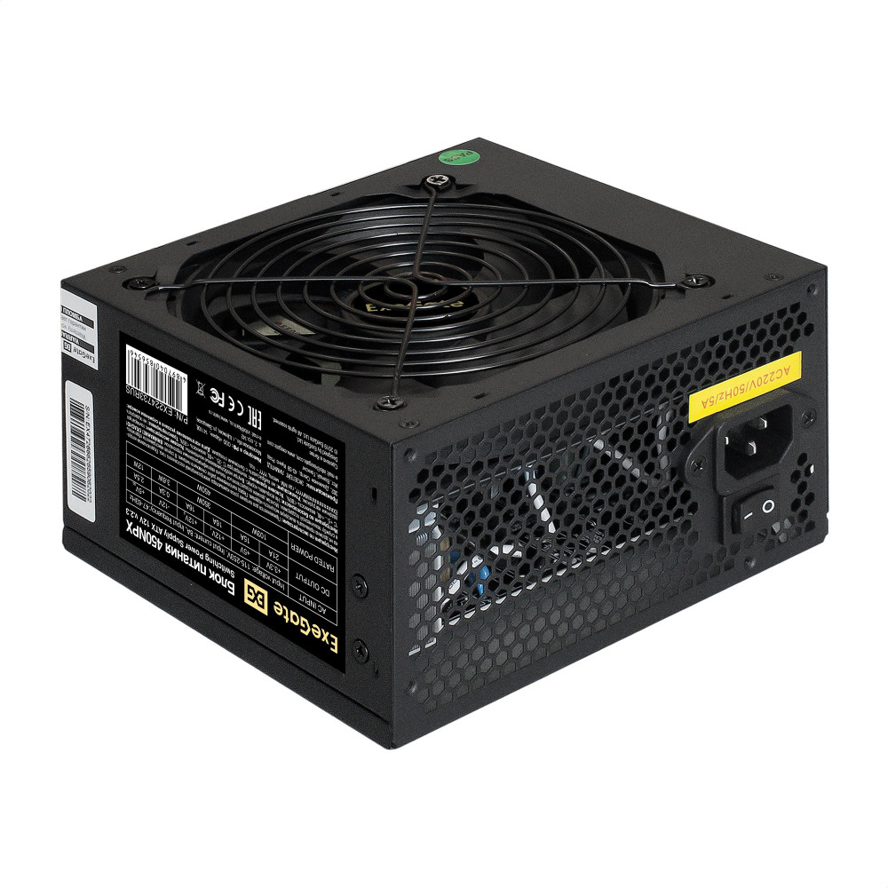 Блок питания 450W ExeGate 450NPX-PC (ATX, PC, 12cm silent fan, 24pin, 2x(4+4)pin, 2xPCI-E, 5xSATA, 3xIDE, black, кабель 220V в комплекте 1,8м)