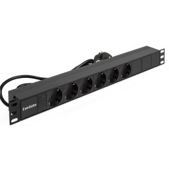 Блок розеток с кабелем с евровилкой ExeGate ServerPro PDU-19H603 Al-6S-EU2.5CU (19", 1U, Алюминий, 6 Schuko, кабель с евровилкой VDE-250V-16A-3*1.5mm2, медь, 2.5 метра, индикатор питания, черный, RTL)