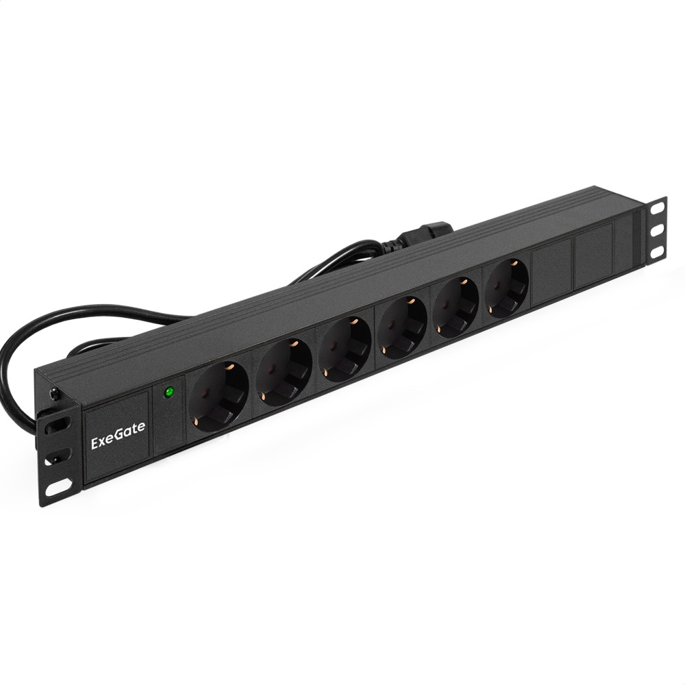 Блок розеток с кабелем с вилкой C14 ExeGate ServerPro PDU-19H604 Al-6S-C14-2.5CU (19", 1U, Алюминий, 6 Schuko, кабель с вилкой C14 VDE-250V-10A-3*1.0mm2, медь, 2.5 метра, индикатор питания, черный, RTL)