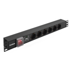 Блок розеток с сетевым фильтром (Surge Protect), выключателем с подсветкой и разъемом подключения C14 ExeGate ServerPro PDU-19H607 Al-6S-C14-SW-SPD1 (19", 1U, Алюминий, 6 Schuko, C14, выкл. с подсветкой, SPD1, черный, RTL)