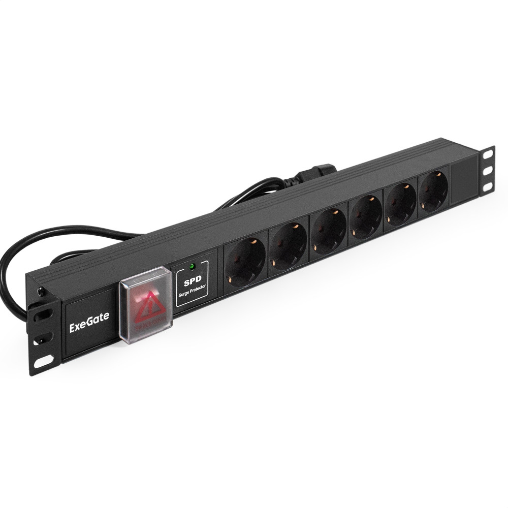 Блок розеток с сетевым фильтром (Surge Protect), выключателем с подсветкой и кабелем с вилкой C14 ExeGate ServerPro PDU-19H609 Al-6S-C14-2CU-SPD1 (19", 1U, Алюминий, 6 Schuko, кабель с вилкой C14 VDE-250V-10A-3*1.0mm2, медь, 2 метра, выкл. с подсветкой, S