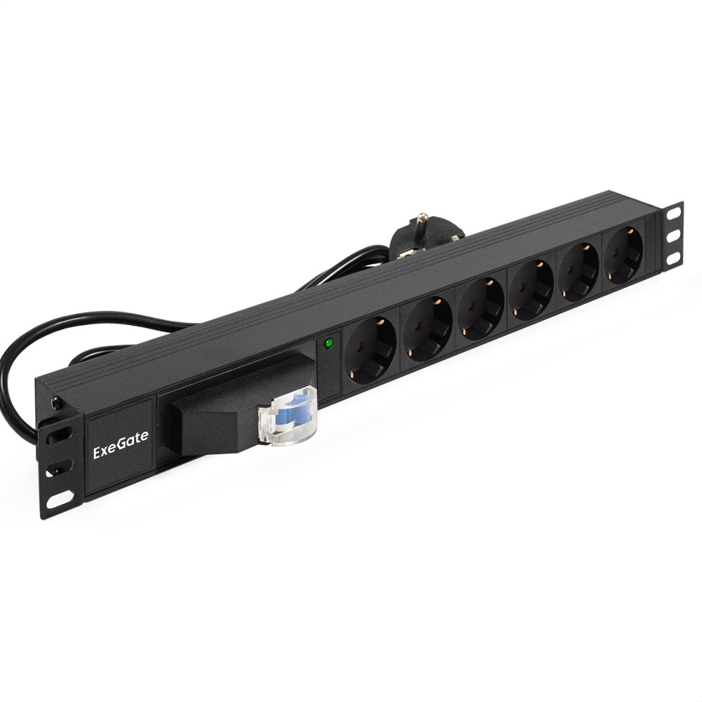 Блок розеток с автоматом защиты ExeGate ServerPro PDU-19H610 Al-6S-EU2.5CU-1P (19", 1U, Алюминий, 6 Schuko, кабель с евровилкой VDE-250V-16A-3*1.5mm2, медь, 2.5 метра, защита от перегрузки, черный, RTL)