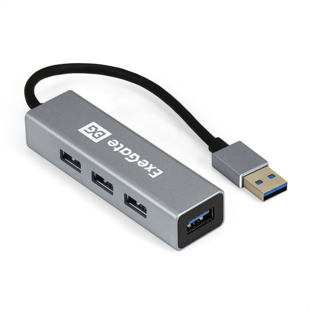 USB-Хаб (концентратор) 4-в-1 ExeGate DUB-4 (кабель-адаптер USB3.0 --> 4xUSB3.0, Plug&Play, корпус алюминиевый, серебристый)