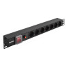 Блок розеток с защитой от перегрузки и разъемом подключения C14 ExeGate ServerPro PDU-19H702 Al-7S-C14-SW-O (19", 1U, Алюминий, 7 Schuko, C14, защита от перегрузки, черный, RTL)
