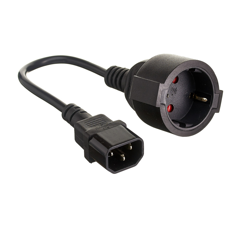 Кабель-переходник (UPS->розетка) ExeGate Power EC-30P (C14->Евророзетка Schuko, VDE-250V-3*0.75mm2, 10A, медь, черный, 0.15м)