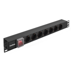 Блок розеток с выключателем с подсветкой и разъемом подключения C20 ExeGate ServerPro PDU-19H703 Al-7S-C20-SW (19", 1U, Алюминий, 7 Schuko, C20, выкл. с подсветкой, черный, RTL)